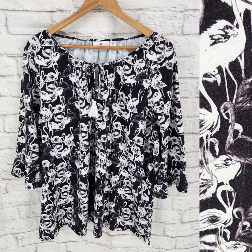 Quacker Factory Flamingo Office Top‎ Artsy Romantic Work Boho Flowy 2X